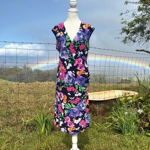 Lauren Ralph Lauren Dress Floral Vibrant Stretch Liquid Knit V-Neck Faux Wrap Xl